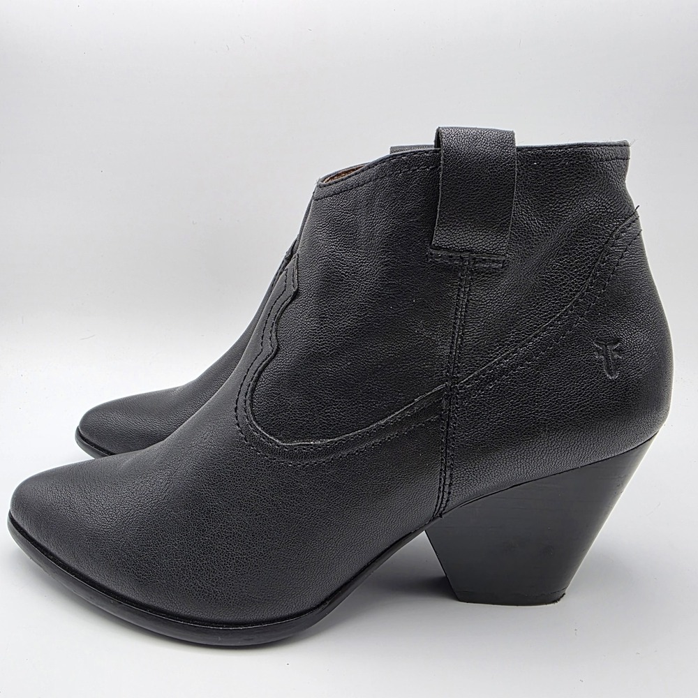 FRYE REINA Ankle Booties 7.5 Black Side Zip Cowboy Boots Heel Leather Western - Picture 2 of 10